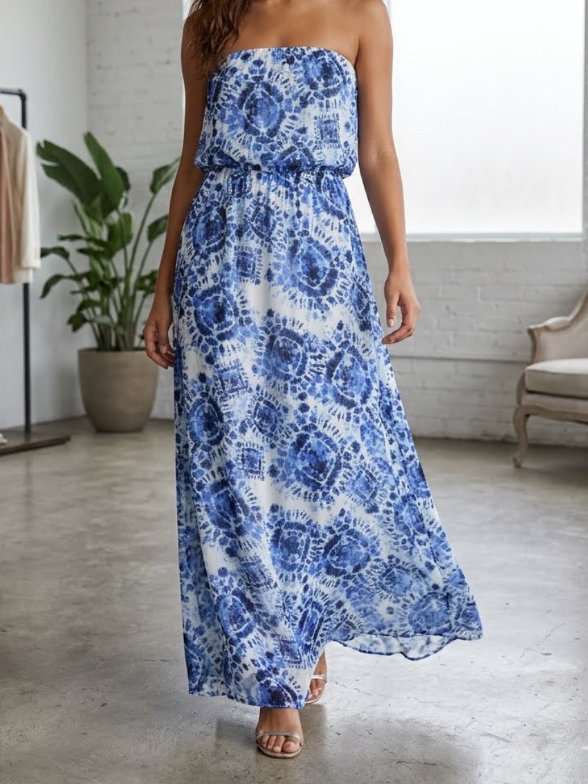 Aqua Strapless Chiffon Medallion Printed Maxi Dress Xs